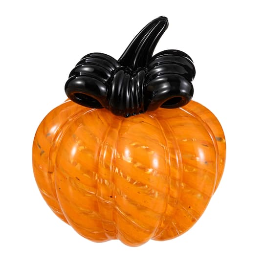 Glitzhome® 4.75" Halloween Striped Glass Pumpkin with Bow